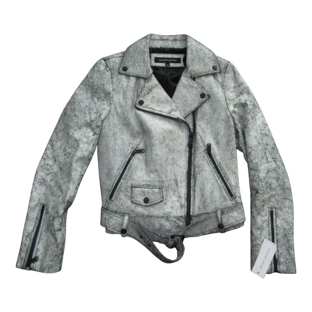 Wilsons Leather Black & White Cropped Moto Zip Biker Jacket Size Womens XS NWT